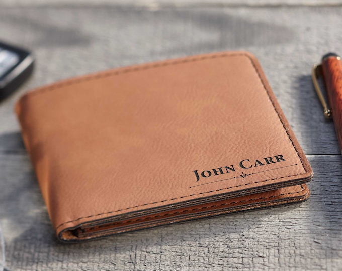 Personalized Vegan Leather Wallet for Men – Engraved Custom Wallet, Unique Christmas Gift, Father’s Day, Birthday, Groomsmen, and Graduation