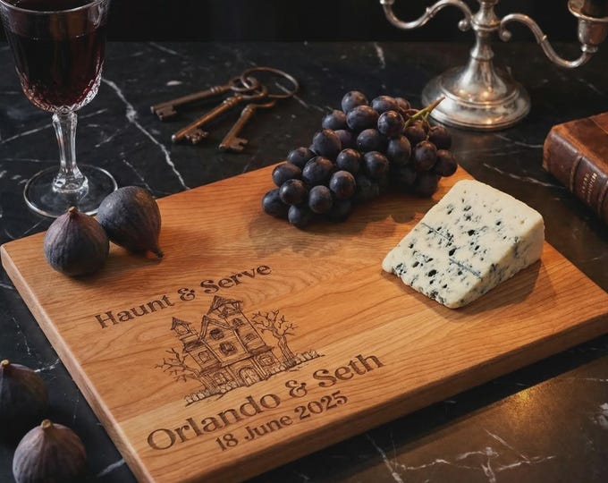 ersonalized Halloween Cutting Board, Haunted House Engraved Cherry Wood Charcuterie Tray