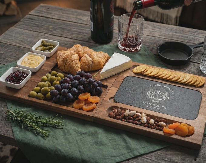 Personalized Charcuterie Set - Custom Engraved Cutting Board: Wilderness, Couple's Outdoor Adventure, Couple campfire, Adventure Awaits Gift