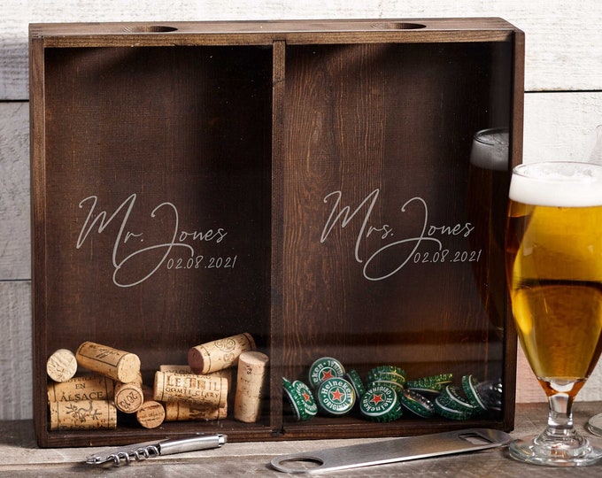 Personalized Beer Cap Holder, Wine Cork Holder, Customized Wooden Beer Cap Shadow Box, Engraved Wine Cork Shadow Box, Gift For The Couple