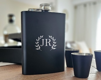 Customized 8 oz Flask Set - Laser Engraved - 4 Shot Glasses & Funnel - Groomsman Gifts - Wedding Favors - Gift for him