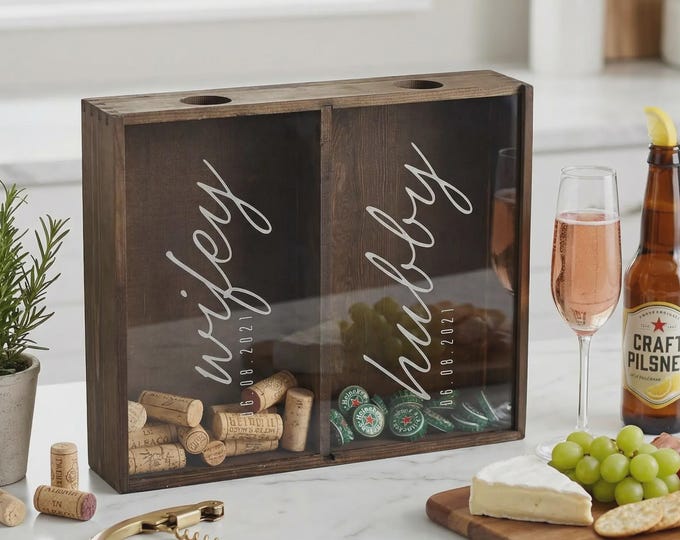 Wifey and Hubby Gift | Personalized Shadow Box & Custom Wine Cork Beer Cap Holder for Couple