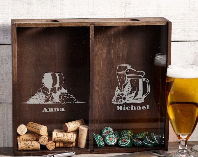 Personalized Beer Cap & Wine Cork Holder, Custom Engraved Rustic Wooden Shadow Box, Gift For The Couple, Home Decor, Housewarming Gift