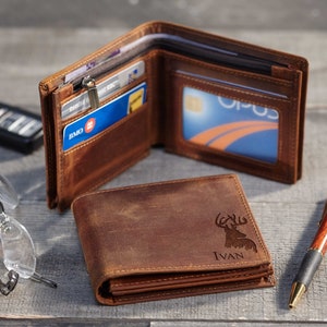 Portefeuille en cuir personnalisé - Portefeuille wapiti gravé personnalisé : cadeau de remise des diplômes, cadeau de fête des pères, cadeau de remise des diplômes, cadeau d'anniversaire, cadeau de la Saint-Valentin