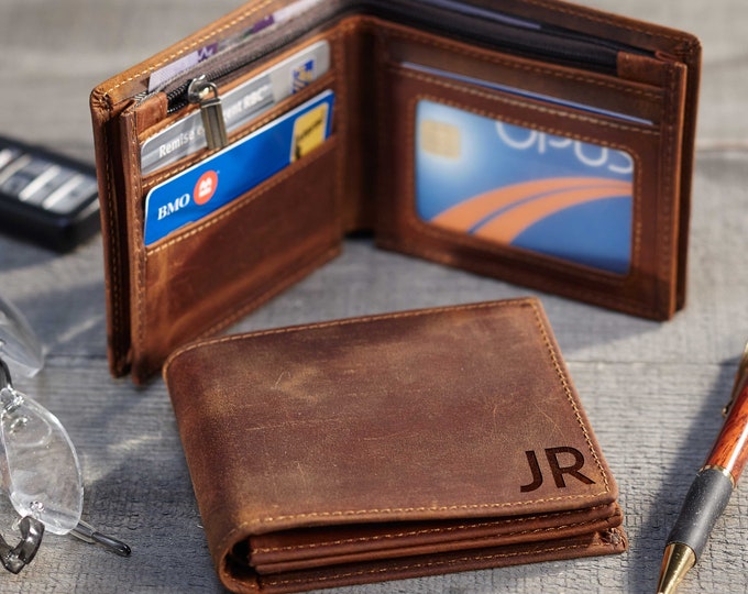 Personalized Distressed Cowhide Leather Men's Wallet – Custom Engraved Crazy Horse Wallet for Father’s Day, Graduation and Valentine’s Gifts