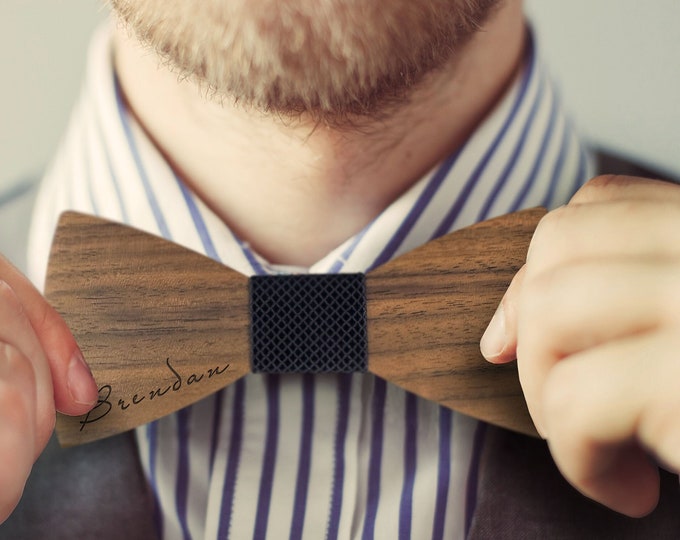 Personalized Wooden Walnut Bowtie and Cufflinks Set with Blue Fabric Centerpiece and Matching Handkerchief, Wedding gift, gift for him