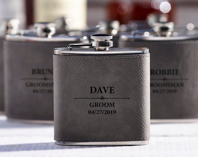 Personalized Set Of 6 Flasks, Groomsmen Wedding Gift, Best Man Leather Flasks, Customized Wedding Flasks, Engraved Leatherette Flasks