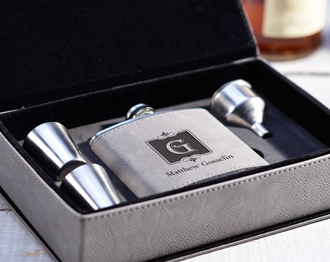 Personalized Flask, Customized Flask Set: Gift Box, Shot Glasses, Funnel - Gift for Him, Dad, Husband, Groomsman, Best Man, Bachelor Party