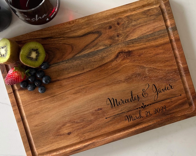 Laser engraved cutting board, Personalized Juice groove Acacia cutting board, Engraved cutting board, Wedding gifts, Gifts for the couple