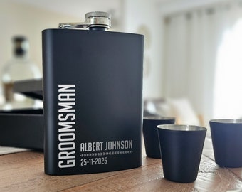 Customized 8 oz Flask Set - Laser Engraved - 4 Shot Glasses & Funnel - Groomsman Gifts - Wedding Favors - Gift for him