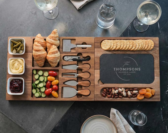 Personalized Charcuterie Board Set & Expandable Slate Cheese Platter | Family Name Wedding Gift