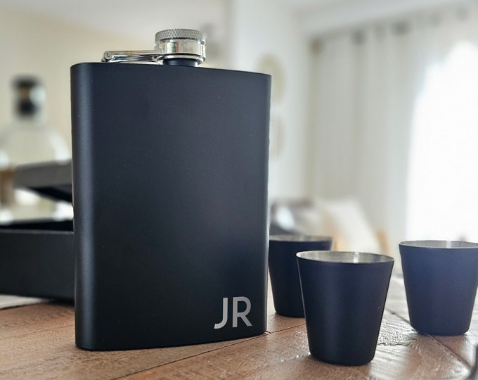 Customized 8 oz Flask Set - Laser Engraved - 4 Shot Glasses & Funnel - Groomsman Gifts - Wedding Favors - Gift for him