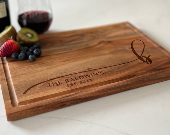 Monogrammed cutting board, Personalized Juice groove Acacia cutting board, Engraved cutting board, Wedding gifts, Gifts for the couple