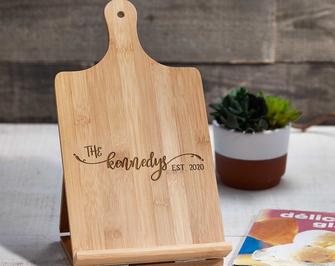 Personalized Bamboo iPad and Recipe Holders-The Perfect Family Gift, iPad and cookbook stand,  Customized bamboo stand, engraved Chef easel