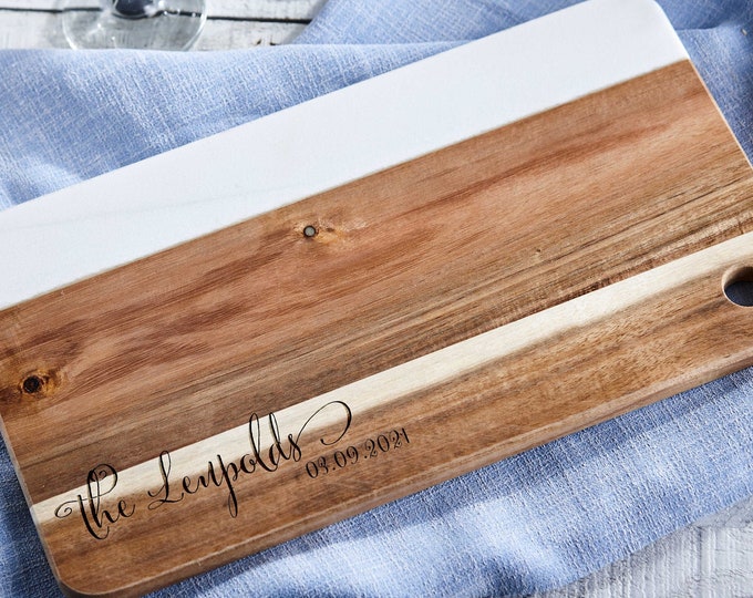 Personalized Acacia Wood and White Marble Cheese Board - Custom Engraved Wedding, Bridal Shower, Housewarming Gift - Rustic Serving Platter
