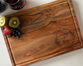 Laser engraved cutting board, Personalized Juice groove Acacia cutting board, Engraved cutting board, Wedding gifts, Gifts for the couple