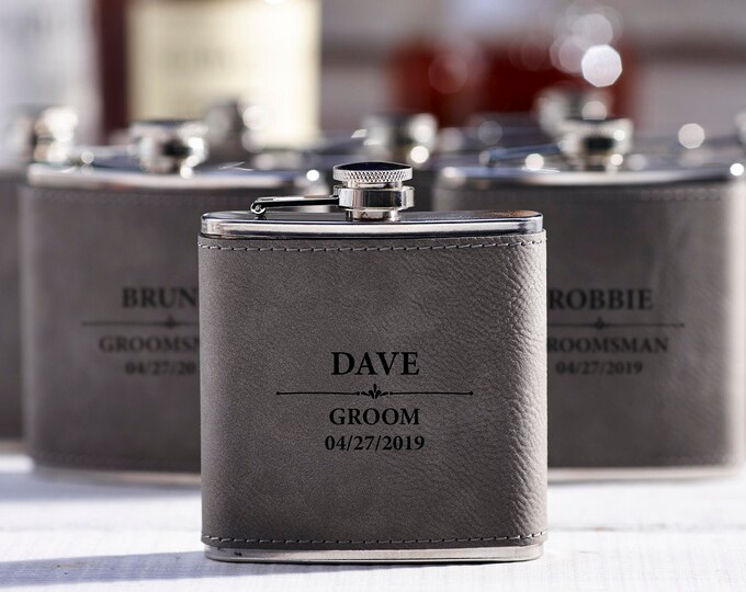 Personalized Set Of 5 Flasks, Groomsmen Wedding Gift, Best Man Leather Flasks, Customized Wedding Flasks, Engraved Leatherette Flasks