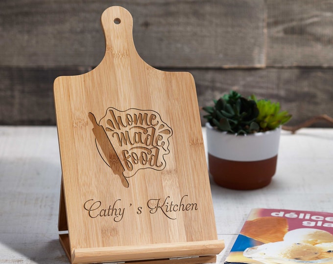 Personalized Bamboo iPad and Recipe Holders-The Perfect Gift for Kitchen Enthusiasts, Custom cookbook stand, engraved Chef easel