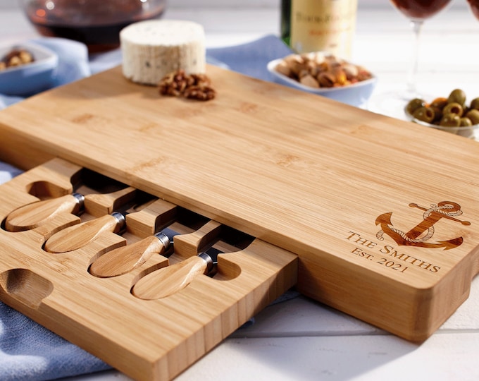 Personalized Bamboo Cheese Board Set, Coastal Theme, Custom-Engraved Charcuterie Board - Engagement, Housewarming, Hosting, Wedding Gift
