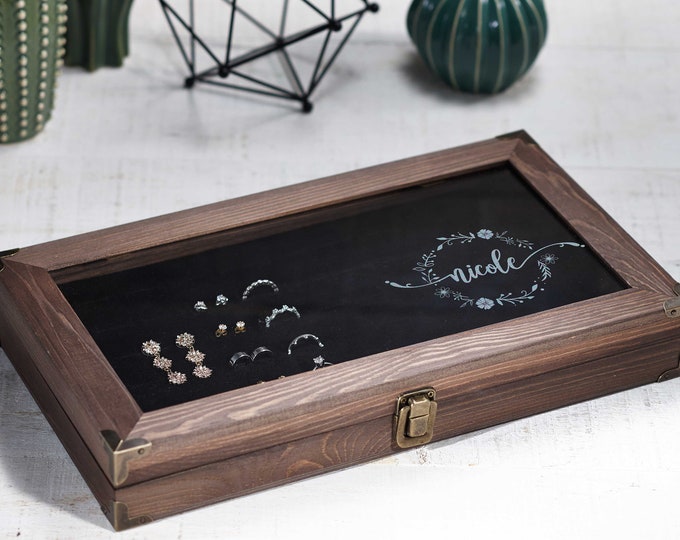 Personalized Antique Jewelry Box with Glass Lid – Engraved Wooden Organizer for Rings & Earrings, Gift for Her