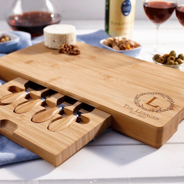 Personalized Bamboo Cheese Board and Knife Set - Custom Engraved Charcuterie Serving Tray - Wedding, Housewarming Gift, Christmas Gift