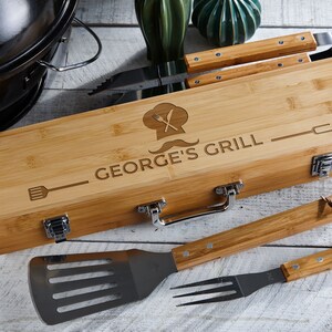 Personalized Engraved BBQ Set – Custom Grill Tool Set & Utensils in Bamboo Case | Gift for BBQ Lovers, Father’s Day, Birthdays, Christmas