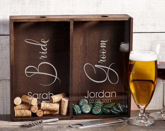 Personalized Beer Cap and Wine Cork Holder, Customized Rustic Hanging Wooden Shadow Box, Bride & Groom, Housewarming, Anniversary Gift