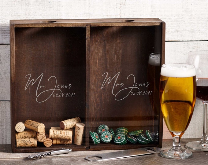 Personalized Beer Cap Holder, Rustic Wine Cork Shadow Box, Beer Cap and Wine Cork Collector, Housewarming, Anniversary, Couple Gift