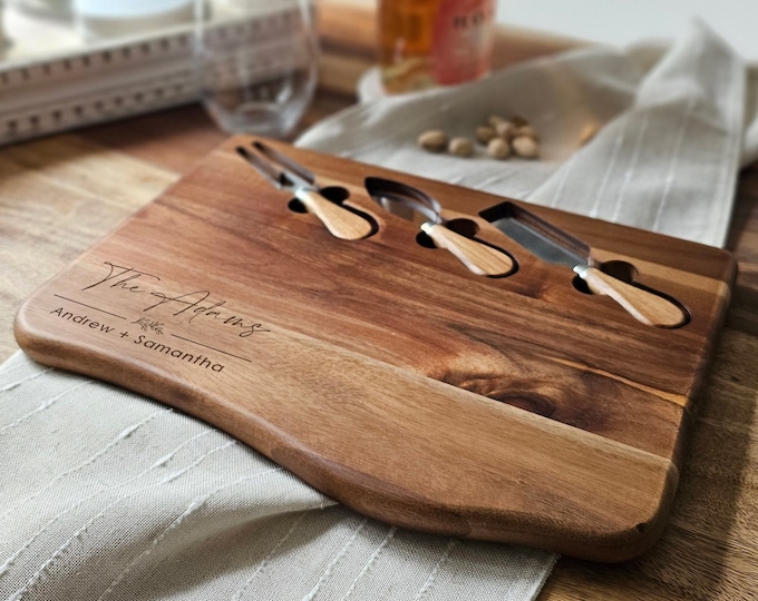 Personalized unique shape Acacia Cheese Boards set: - The Perfect Wedding and Housewarming gifts!