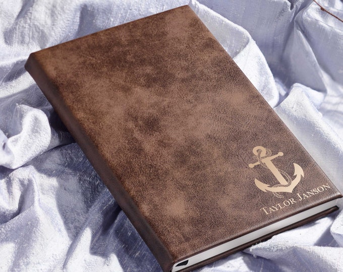 Personalized Notebook, Custom Engraved Faux Leather Journal: Anchor Design, Engraved, Lined Book, Useful Gift for Coworkers, Friends, Family