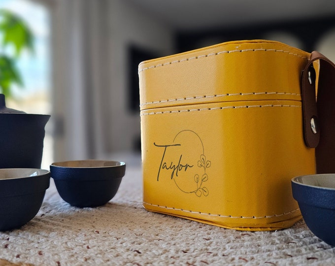Personalized Compact Portable Travel Tea Set with Laser Engraved Case - Outdoor - Teapot & 3 Cups - Ideal Gift for Her - Mother's Day