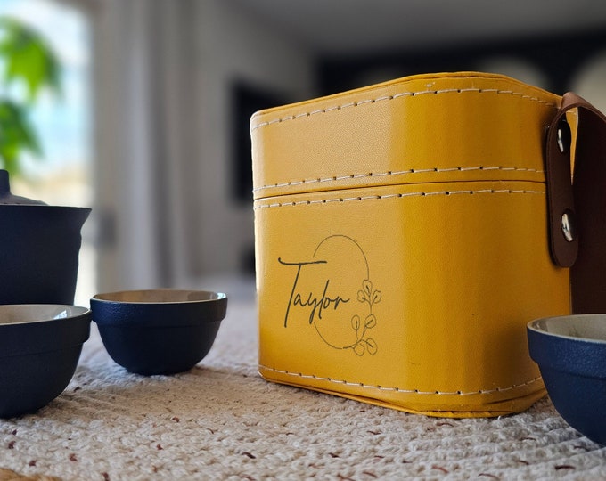 Personalized Compact Portable Travel Tea Set with Laser Engraved Case - Outdoor - Teapot & 3 Cups - Ideal Gift for Her - Mother's Day