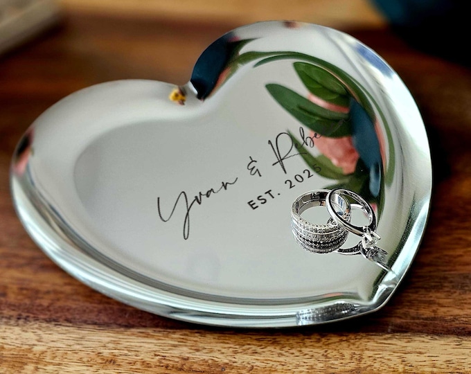 Personalized Ring Dish | Laser Engraved Heart-Shaped Stainless Steel | Silver, Gold, or Black | Engagement & Wedding Gift | Gift for Her