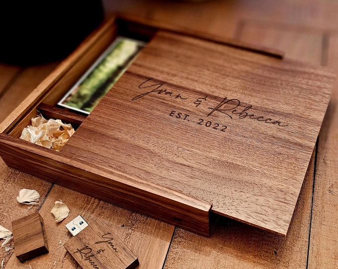 Personalized Walnut Wooden Photo Album Box Flash Drive Pendrive – Custom Engraved, Wedding Gifts Packaging, USB3.0, 64GB Capacity