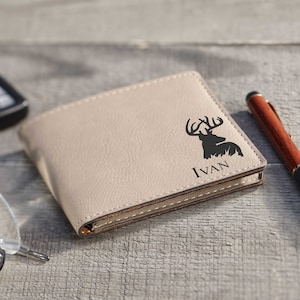 Portefeuille pour homme personnalisé, portefeuilles en cuir gravés sur mesure, thème élans : fête des pères, grand-père, mari, petit ami, anniversaire, cadeau de remise des diplômes
