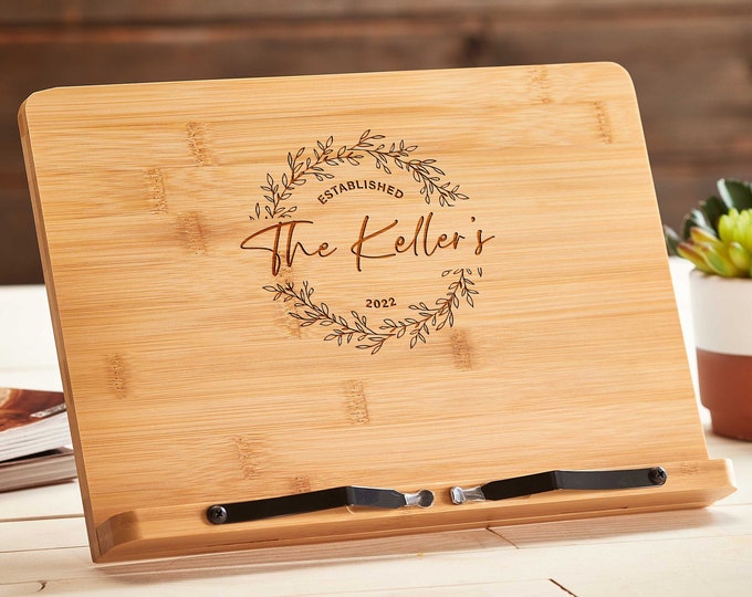 Personalized tablet holder, Recipe holder, iPad stand, Custom cookbook stand,  Customized bamboo stand, engraved iPad holder, Chef easel