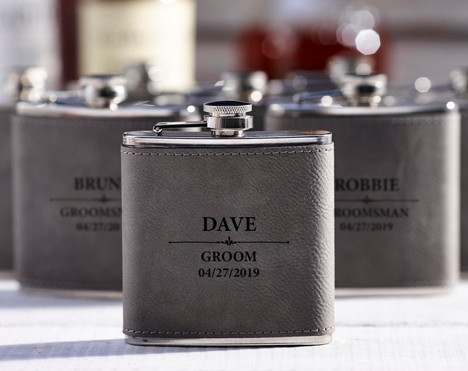 Personalized Set Of 8 Flasks, Groomsmen Wedding Gift, Best Man Leather Flasks, Customized Wedding Flasks, Engraved Leatherette Flasks