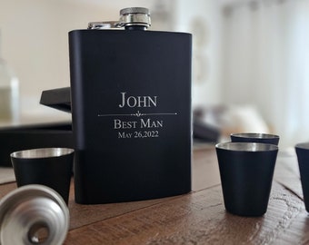 Personalized 8 oz Flask Set - Laser Engraved - 4 Shot Glasses & Funnel - Groomsman Gifts - Wedding Favors - Customizable Designs