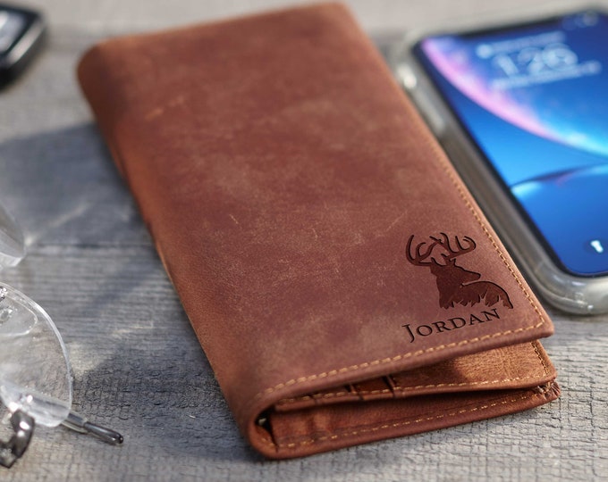 Personalized Mens Leather Wallet, Long Crazy Horse Wallet: Elk Design, Father's Day, Grandpa, Son, Husband, Boyfriend, Graduation gift