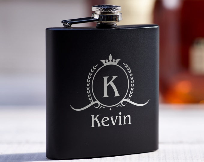 Personalized Black Stainless Steel Flask and Flask Set- Laser Engraved with Your Name, Date, or Message, groomsman gift, wedding gift