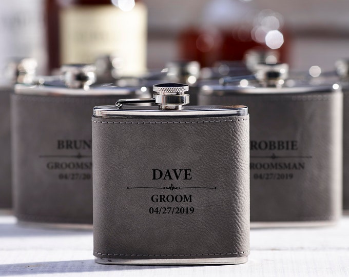 Personalized Set Of 9 Flasks, Groomsmen Wedding Gift, Best Man Leather Flasks, Customized Wedding Flasks, Engraved Leatherette Flasks