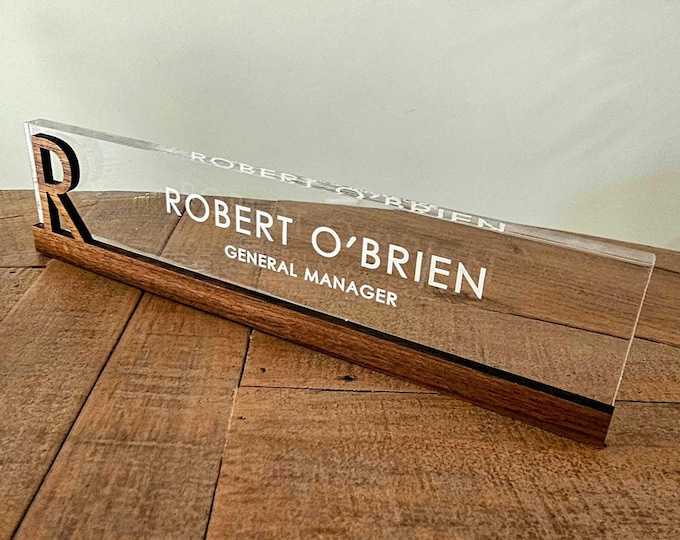 Personalized Desk Name Plate | Custom Acrylic & Walnut Wood Office Sign | Engraved Name Plate | Modern Desk Accessory | Office Decor