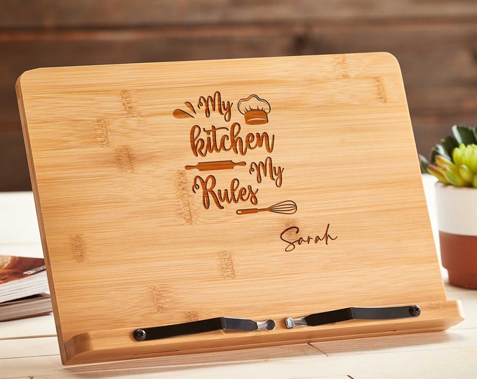 Personalized Tablet and Recipe Holder - Custom cookbook, iPad stand: My Kitchen My Rules, Customized Bamboo Easel for Mom and Grandma