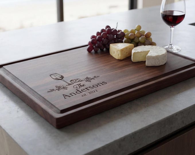 Personalized Wine Lover Cutting Board | Custom Walnut Charcuterie Board with Juice Groove & Wedding Gift