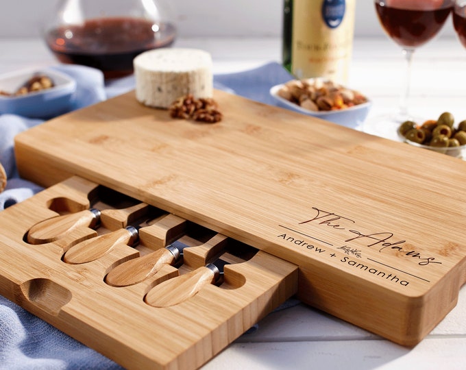 Personalized Bamboo Cheese Board Set with Drawer and Utensils - Custom Engraved Charcuterie Board - Wedding, Housewarming Gift