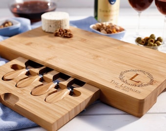 Personalized Bamboo Cheese Board and Knife Set - Custom Engraved Charcuterie Serving Tray - Wedding, Housewarming Gift, Christmas Gift