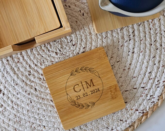 Personalized Eco Bamboo Coaster Set – Custom Laser Engraved 5-Piece Gift for Couples, Housewarming, Anniversary & Christmas