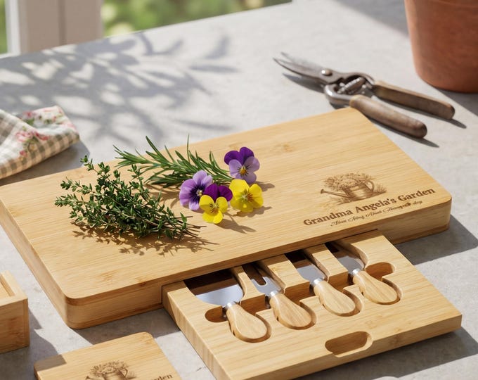 Grandma Garden Gift | Personalized Cutting Board & Custom Bamboo Charcuterie Set with Knives