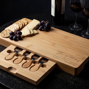 Personalized Bamboo Cheese Board Set with Drawer and Utensils - Custom Engraved Charcuterie Board - Wedding, Housewarming Gift