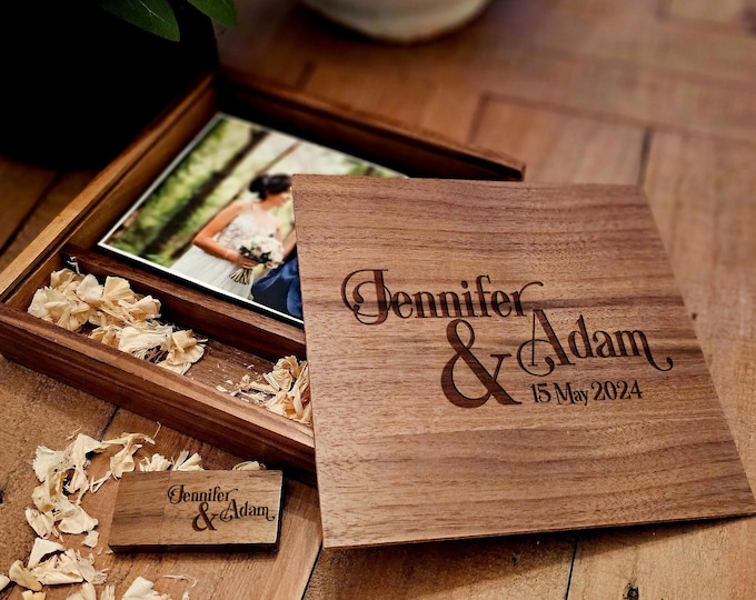Personalized Wedding Photo Album, Custom Engraved Wooden Memory Box – 64GB USB, 4x6 photo box for photos, Wedding Gift, Couples Gift